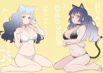  2girls animal_ears arms_under_breasts bangs bell bikini black_bikini breasts cat_ears cat_girl cat_tail cleavage closed_mouth collar commission dark_blue_hair gradient_hair hands_up highres large_breasts long_hair looking_at_viewer multicolored_hair multiple_girls navel neck_bell original paw_pose pink_eyes pout siblings sisters sitting skeb_commission stomach susinoyama swimsuit tail two-tone_hair wariza white_bikini white_hair yellow_background 