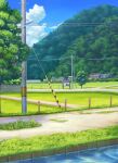  absurdres blue_sky building cloud commentary_request cumulonimbus_cloud fence grass highres house lamppost mountain no_humans original outdoors power_lines rural scenery sky tamikko tree utility_pole water 