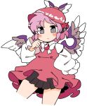  1girl animal_ears bangs bird_ears brown_dress brown_headwear character_name closed_mouth cropped_legs dress earrings grey_eyes ini_(inunabe00) jewelry long_sleeves mystia_lorelei pink_hair short_hair simple_background single_earring solo touhou white_background winged_hat 