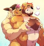  anthro backwards_hat beard big_muscles big_pecs blush clothing duo eyewear facial_hair fur glasses hat headgear headwear hi_res kokuhane krispy_(character) male male/male mammal muscular muscular_anthro muscular_male nipples nude pecs tan_body tan_fur tongue tongue_out ursid 