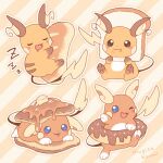  :t alolan_raichu blue_eyes blush_stickers bread butter closed_eyes closed_mouth commentary_request doughnut drooling eating food food_on_face holding jippe lying mouth_drool no_humans on_stomach open_mouth pancake pokemon pokemon_(creature) raichu signature smile tongue tongue_out 