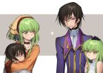  2boys 2girls arms_around_neck ascot bandana brown_hair c.c. choker clutching_clothes code_geass creayus green_hair grey_background hair_between_eyes hand_on_another&#039;s_head hug jacket lelouch_lamperouge long_hair multiple_boys multiple_girls orange_shirt parted_lips ponytail purple_eyes purple_jacket shirt short_hair sidelocks sweatdrop turtleneck upper_body white_shirt yellow_eyes younger 