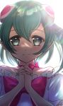  1girl backlighting bangs bow choker closed_mouth collarbone eyebrows_visible_through_hair floating_hair green_eyes green_hair hagoromo_lala hair_between_eyes highres long_hair looking_at_viewer minccino7 own_hands_clasped own_hands_together pointy_ears precure red_bow red_choker shiny shiny_hair smile solo star-shaped_pupils star_(symbol) star_twinkle_precure symbol-shaped_pupils upper_body white_background 