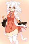  1girl ameyu_(rapon) animal_ears breasts cat_ears cat_girl cat_tail dress fang highres long_sleeves medium_breasts open_clothes open_mouth original red_eyes short_hair sweater sweater_dress tail thighhighs white_hair white_legwear wide_sleeves zettai_ryouiki 