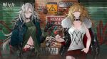  2girls animal_ears arknights bangs belt black_choker black_gloves black_jacket black_nails black_pants blonde_hair blue_jacket breasts candy chain chinese_commentary choker cleavage commentary_request copyright_name cowboy_shot food fur-trimmed_jacket fur_trim gloves green_shirt grey_hair groin hand_up highres holding holding_food indra_(arknights) jacket kaninn lollipop long_hair long_sleeves looking_at_viewer multiple_girls nail_polish navel ok_sign open_clothes open_jacket pants parted_lips red_belt red_shorts scar scar_on_face scar_on_nose shirt short_shorts shorts siege_(arknights) smile standing stomach tank_top tiger_ears very_long_hair white_tank_top yellow_eyes 