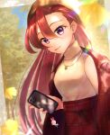  1girl autumn_leaves bangs blurry blurry_foreground brown_headwear cellphone closed_mouth floating_hair hair_between_eyes hat high-waist_skirt highres holding holding_phone jacket jacket_on_shoulders jewelry long_hair minccino7 pendant phone precure purple_eyes red_hair red_jacket red_skirt skirt sleeveless sleeveless_sweater smartphone smile solo sweater takizawa_asuka tropical-rouge!_precure turtleneck turtleneck_sweater very_long_hair white_sweater 