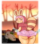  ailurid ann_maren_(annmaren) anthro assisted_exposure blush bottomwear butt clothed clothing disembodied_hand dwunny1 female fur ghost_hands hair hi_res humanoid_hands hybrid lagomorph leporid looking_at_viewer mammal pink_hair rabbit red_eyes red_panda solo yellow_body yellow_fur 