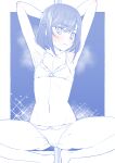  1girl armpits arms_behind_head arms_up bangs barefoot blue_theme blush bob_cut bow bow_bra bow_panties bra closed_mouth commentary cowboy_shot crotch_seam delicious_party_precure eyebrows_visible_through_hair flat_chest frown fuwa_kokone highres miyagoe_yoshitsuki monochrome navel outside_border panties precure short_hair solo sparkle spot_color squatting steam stripper_pole underwear underwear_only 