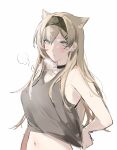  1girl absurdres animal_ears arknights black_choker black_hairband breath choker crop_top grey_eyes grey_hair grey_tank_top hairband highres horn_(arknights) joshua_(shisanli934) long_hair looking_at_viewer midriff navel simple_background solo stomach sweat tank_top upper_body white_background wolf_ears 