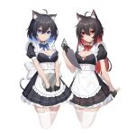  absurdres ahoge animal_ear_fluff animal_ears apron bangs bell black_dress black_gloves black_hair blood blood_on_clothes blood_on_knife blue_bow blue_bowtie blue_eyes blue_hair bow bowtie bra breasts butcher_knife cat_ears cat_girl cat_tail cleavage closed_mouth collar cropped_legs dress dual_persona eyebrows_visible_through_hair frilled_dress frills garter_straps gloves hair_ornament highres holding holding_knife holding_menu holding_tray honkai_(series) honkai_impact_3rd jingle_bell kemonomimi_mode knife large_breasts long_hair looking_at_viewer looking_back maid medium_breasts menu multicolored_hair neck_bell parted_lips pleated_dress red_bow red_bowtie red_hair seele_vollerei shaded_face shenqi_xiao_hong_zai_nali short_hair short_sleeves simple_background smile tail thighhighs tray two-tone_hair underwear white_apron white_background white_bra white_legwear x_hair_ornament zettai_ryouiki 