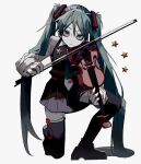  1girl bangs belt blank_stare blue_hair boots bow_(music) closed_mouth collared_shirt colored_skin dress empty_eyes expressionless green_eyes hair_ornament hatsune_miku hemostatic highres holding holding_instrument instrument long_hair long_sleeves music necktie one_knee playing_instrument pleated_dress shirt short_dress sleeveless sleeveless_dress solo star_(symbol) thigh_boots thighhighs tie_clip twintails very_long_hair vocaloid white_skin 