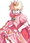  1boy absurdres bakugou_katsuki bangs blonde_hair boku_no_hero_academia cosplay crown dress earrings elbow_gloves gloves highres jewelry looking_at_viewer male_focus mario_(series) open_mouth pink_dress princess_peach princess_peach_(cosplay) red_eyes short_hair solo spiked_hair teeth twitter_username v-shaped_eyebrows white_gloves yazaki_(yazakc) 