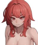  1girl armpits bangs bare_shoulders breasts completely_nude highres horizontal_pupils large_breasts long_hair looking_at_viewer nude original portrait red_eyes red_hair simple_background solo stoll_(tmxhf) white_background 