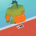  2022 anthro back_muscles big_butt big_hands big_muscles brick butt dracostreex dreamworks eyebrows fish glistening glistening_butt green_body hi_res huge_butt looking_at_back male marine mr._piranha_(the_bad_guys) muscular muscular_anthro muscular_male nude orange_butt piranha_(fish) serrasalmid shirtless shirtless_anthro shirtless_male sign small_head solo swimming_pool the_bad_guys warning water yellow_eyes 