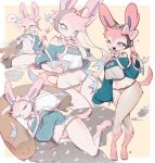  2022 4_fingers 4_toes anthro artist_name bedding blanket blue_sclera bow_tie bowl breasts clothing colored container cute_fangs dated digital_media_(artwork) duo eevee eeveelution eyes_closed feet female fingers fur hi_res holding_bowl holding_container holding_object holding_spatula holding_tool lace_panties midriff motion_lines multiple_poses navel nintendo no_pupils panties pictographics pillow pink_body pink_fur pok&eacute;mon pok&eacute;mon_(species) pose shaded simple_background sleeping smile spatula sylveon toes tools under_boob underwear video_games white_body white_eyes white_fur wide_hips yuio 
