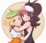  2girls aoya_(ayoyame18) bianca_(pokemon) blonde_hair blue_eyes blush brown_hair green_eyes hand_on_another&#039;s_shoulder hat hilda_(pokemon) hug jacket multiple_girls open_mouth pokemon pokemon_(game) pokemon_bw ponytail simple_background smile white_background 