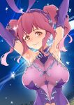  1girl absurdres armpits breasts brown_eyes detached_sleeves dress elec_(handsomeic) hair_ribbon hairband halter_dress halterneck highres large_breasts looking_to_the_side macross macross_delta makina_nakajima pink_hair purple_dress purple_hairband purple_ribbon ribbon smile solo steaming_body uta_macross_sumaho_deculture 