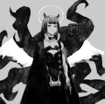  1girl absurdres ao-chan_(ninomae_ina&#039;nis) areolae bangs black_coat book closed_mouth cluhob coat dress hair_ornament highres hololive hololive_english long_hair looking_at_viewer ninomae_ina&#039;nis open_clothes open_coat simple_background solo tentacles wings 