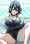  1girl black_choker black_hair black_swimsuit blue_eyes blue_shirt blue_skirt breasts choker clothes_lift collarbone competition_swimsuit danimaru hair_behind_ear head_tilt large_breasts one-piece_swimsuit open_clothes open_shirt original pool shirt short_hair sitting skirt skirt_lift smile solo swimsuit water wet wet_clothes wet_shirt wet_swimsuit 