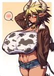  1girl abs absurdres animal_ears animal_print bell black_hair blonde_hair blush breasts brown_eyes camisole cathyl collar covered_nipples cow_ears cow_girl cow_horns cow_print cow_tail cowbell crop_top denim denim_shorts facial_mark gradient gradient_background hair_between_eyes highres horns huge_breasts jacket koohiitei_shinbo monster_musume_no_iru_nichijou mouth_hold multicolored_hair navel neck_bell open_clothes open_jacket short_hair short_shorts shorts simple_background solo spiked_hair spoken_blush stalk_in_mouth tail two-tone_hair 