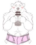  2022 absurd_res anthro belly big_belly black_nose blush bulge censored clothing cute_fangs dildo fur hi_res humanoid_hands kemono male mammal navel overweight overweight_male polar_bear ryuta-h sex_toy simple_background solo underwear ursid ursine white_background white_body white_fur 