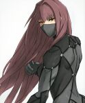  1girl back bangs black_bodysuit bodysuit cluhob fate/grand_order fate_(series) gloves hand_up highres latex latex_bodysuit long_hair looking_at_viewer mask mouth_mask red_eyes red_hair scathach_(fate) solo white_background 