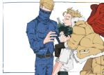  3boys artist_name belt best_jeanist blonde_hair boku_no_hero_academia brown_belt comb commentary_request covered_mouth denim denim_jacket feathered_wings freckles fur-trimmed_jacket fur_trim green_eyes green_hair green_pants hawks_(boku_no_hero_academia) high_collar holding holding_comb jacket jeans looking_at_another looking_up male_focus mantos_no.7 midoriya_izuku multiple_boys necktie open_mouth pants red_necktie red_wings shirt short_hair short_sleeves simple_background standing sweat thai_commentary watermark white_background white_shirt wings yellow_jacket yellow_pants 