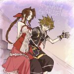 1boy 1girl aerith_gainsborough arms_behind_back bangs belt black_shorts braid braided_ponytail breasts brown_hair cropped_jacket dress final_fantasy final_fantasy_vii fingerless_gloves gloves green_eyes hair_between_eyes hair_ribbon jewelry kingdom_hearts kingdom_hearts_ii medium_breasts multicolored_clothes multicolored_dress necklace open_mouth parted_bangs parted_lips ribbon short_sleeves shorts sidelocks smile sora_(kingdom_hearts) spiked_hair stairs talesofmea teeth upper_body upper_teeth wavy_hair 