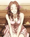  1girl aerith_gainsborough bangs bare_arms blush braid braided_ponytail breasts brown_hair buttons choker cleavage closed_mouth dress final_fantasy final_fantasy_vii final_fantasy_vii_remake flower hair_ribbon jacket jacket_removed long_hair medium_breasts open_mouth parted_bangs pink_dress ribbon sidelocks sitting smile solo talesofmea teeth upper_body upper_teeth wavy_hair yellow_flower 