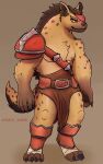  absurd_res adra_(artist) anthro armor black_hair brown_body brown_fur claws digitigrade fangs finger_claws fur gesture gnoll hair hi_res hyaenid male mammal mohawk muscular muscular_male nipples pauldron pecs solo tan_body tan_fur toe_claws yellow_eyes 