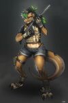  2022 absurd_res anthro blue_bottomwear blue_clothing blue_shorts bottomwear clothing digital_media_(artwork) digitigrade dinosaur female gloves gun handwear hi_res pgm300 plate_carrier ranged_weapon reptile rifle scalie shorts simple_background solo weapon 