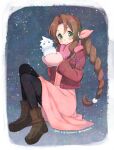  1girl aerith_gainsborough bangs black_legwear blush boots braid braided_ponytail brown_hair cloud_strife coat dress final_fantasy final_fantasy_vii full_body green_eyes grey_background hair_ribbon krudears mittens parted_bangs pink_dress pink_scarf red_coat ribbon scarf sidelocks sitting snow snowman winter_clothes 