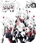  4girls ahoge animal_ears bangs black_dress black_gloves black_necktie black_vest blush breasts cerberus_(helltaker) chika_(keiin) crossover demon_girl destroyer_(girls&#039;_frontline) dog_ears dress elbow_gloves eyebrows_visible_through_hair fangs fangs_out girls&#039;_frontline gloves heart heart_print helltaker highres long_hair looking_at_another medium_breasts multiple_girls necktie open_mouth red_eyes red_shirt sangvis_ferri shirt siblings sisters smile twintails upper_body vest white_background white_hair yellow_eyes 