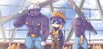  1girl bangs construction_site construction_worker crowbar gloves hardhat helmet hololive hololive_english long_hair monja_(monja0521) multicolored_hair multiple_boys muscular ninomae_ina&#039;nis open_mouth pointy_ears purple_hair steel_beam sunglasses tako_(ninomae_ina&#039;nis) tentacle_hair vest virtual_youtuber 