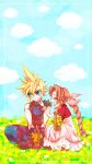  1boy 1girl 39cva aerith_gainsborough aqua_eyes armor asymmetrical_hair belt blonde_hair blue_pants blue_shirt blush boots bracelet braid braided_ponytail brown_hair closed_eyes cloud cloud_strife cloudy_sky couple cropped_jacket dress field final_fantasy final_fantasy_vii final_fantasy_vii_remake flower flower_basket flower_field hair_ribbon hand_on_another&#039;s_chin hand_on_own_chin highres jacket jewelry long_dress multiple_belts on_ground open_mouth pants pink_dress red_jacket ribbon shirt shoulder_armor sitting sky sleeveless sleeveless_turtleneck spiked_hair suspenders turtleneck yellow_flower 