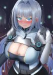  1girl absurdres armor blue_eyes blush breast_tattoo breasts cleavage cleavage_cutout clothing_cutout ethel_(xenoblade) highres ii_tea large_breasts shoulder_armor silver_hair solo tattoo xenoblade_chronicles_(series) xenoblade_chronicles_3 