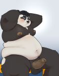  2022 absurd_res anthro balls belly big_belly black_body black_nose blue_eyes blush erection genitals giant_panda hi_res humanoid_genitalia humanoid_penis kemono male mammal moobs nipples overweight overweight_male penis qqmelon888 sitting solo ursid white_body 