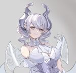  1girl absurdres bako_(xpohyfeng) breasts choker closed_mouth corset duel_monster earrings gloves grey_eyes hair_between_eyes highres jewelry labrynth_of_the_silver_castle pointy_ears silver_hair simple_background solo twintails white_gloves wings yu-gi-oh! 