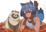  1girl :3 :p animal animal_ears arm_support bangs black_tank_top blue_eyes blue_hair blue_shorts bob_cut body_fur brand_new_animal breasts claws closed_mouth dark-skinned_female dark_skin eyelashes feet_up furry furry_female hair_between_eyes hands_on_own_face head_rest highres imori_(lizzy) kagemori_michiru leaf leaf_on_head looking_at_viewer lying multicolored_eyes multicolored_hair on_stomach purple_eyes raccoon_ears raccoon_girl raccoon_tail raised_eyebrows short_hair shorts simple_background small_breasts smile soles solo symbol-only_commentary tail tank_top tanuki the_pose toes tongue tongue_out two-tone_hair w_arms white_background white_tank_top 
