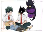 3boys animal_head arm_support artist_name beak bird_boy black_pants blue_sweater boku_no_hero_academia child commentary_request dark_shadow eye_contact floating freckles full_body green_eyes green_hair green_pants hand_on_another&#039;s_arm hand_on_ground holding holding_pillow lap_pillow looking_at_another lying male_focus mantos_no.7 midoriya_izuku multiple_boys necktie on_back pants pillow red_eyes red_necktie shimano_katsuma shirt short_sleeves simple_background sitting socks sweat sweater thai_commentary tokoyami_fumikage watermark white_background white_shirt yellow_legwear 