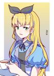  1girl alice_(alice_in_wonderland) alice_(alice_in_wonderland)_(cosplay) alice_in_wonderland bangs black_ribbon blonde_hair blue_dress cosplay cup diao_mao_de_yu_shushu disney dress eyebrows_visible_through_hair green_eyes hair_behind_ear hair_ribbon heanna_sumire holding holding_cup looking_at_viewer love_live! love_live!_superstar!! ribbon solo teacup v-shaped_eyebrows 