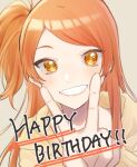  1girl :d asymmetrical_bangs bangs blush grin happy_birthday hood hoodie idolmaster idolmaster_million_live! long_hair looking_at_viewer one_side_up oogami_tamaki orange_hair peroyoshi simple_background smile solo swept_bangs upper_body v yellow_hoodie 