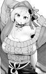  1girl absurdres aran_sweater arms_up azur_lane bare_shoulders belfast_(azur_lane) belfast_(shopping_with_the_head_maid)_(azur_lane) beret blush bow bright_pupils choker earrings food greyscale hat hat_bow head_tilt highres hoop_earrings jewelry light_smile long_hair monochrome mouth_hold off-shoulder_sweater off_shoulder pocky pocky_in_mouth shawl solo sweater tekito_nimo upper_body very_long_hair 