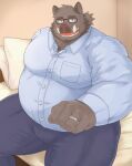  2022 anthro bed bedroom belly big_belly bottomwear brown_body clothing eyewear furniture glasses humanoid_hands inside kemono male mammal nanntaro obese obese_male overweight overweight_male pants pillow shirt sitting solo suid suina sus_(pig) topwear wild_boar 