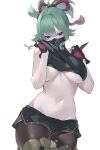  1girl bangs bare_shoulders black_gloves black_legwear black_mask black_shorts breasts clothes_lift commentary cowboy_shot genshin_impact gloves green_hair groin hair_between_eyes hands_up highres holding holding_weapon kaneko_(bblogtinhan) kuki_shinobu large_breasts lifted_by_self long_hair looking_at_viewer navel no_bra pantyhose purple_eyes rope shimenawa shirt_lift short_shorts shorts simple_background skindentation torn_clothes torn_legwear underboob weapon white_background 