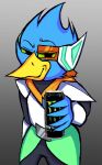 anthro armor avian beak berdly beverage bird blue_body blue_feathers bottomwear clothed clothing deltarune eyebrows feathers fingers fully_clothed gradient_background green_sclera half-closed_eyes hi_res holding_beverage holding_object looking_at_viewer male monster_energy narrowed_eyes pants portrait raised_eyebrow sash scouter simple_background smile smug solo standing three-quarter_portrait tordy-odacrem undertale_(series) video_games yellow_beak 