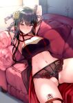  1girl arms_up black_legwear breasts chain chained cleavage closed_mouth couch gold_hairband highres large_breasts leg_tattoo lying navel on_back panties rei_(rei&#039;s_room) rose_hair_ornament solo spikes spy_x_family stomach sweat tattoo thighhighs two-sided_dress underwear yor_briar 