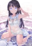  1girl absurdres bangs black_hair blue_eyes blue_sailor_collar blush bra bra_visible_through_clothes breasts commentary_request dress highres long_hair looking_at_viewer ocean original panties sailor_collar sitting small_breasts solo underwear usagiplanet7 wariza water wet wet_bra wet_clothes wet_dress wet_hair wet_panties white_bra white_dress white_headwear white_panties 