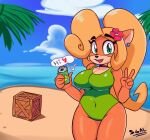  activision anthro beach beverage big_breasts blonde_hair breasts clothing coco_bandicoot crash_bandicoot_(series) crate eyelashes female flower gesture hair hi_res navel one-piece_swimsuit plant seaside sgal soda solo summer swimwear thick_thighs v_sign video_games 