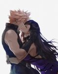  1boy 1girl alternate_costume bare_shoulders black_gloves black_hair blonde_hair breasts cloud_strife couple earrings final_fantasy final_fantasy_vii final_fantasy_vii_remake gloves hands_on_another&#039;s_head high_collar hug jewelry kiss large_breasts long_hair looking_at_another official_alternate_costume red_eyes sideboob sleeveless spiked_hair spykeee tifa_lockhart tifa_lockhart&#039;s_refined_dress twitter_username white_background 